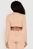 Womens Seamless Long Sleeve Tie Back Crop Top, Beige, Size S-M