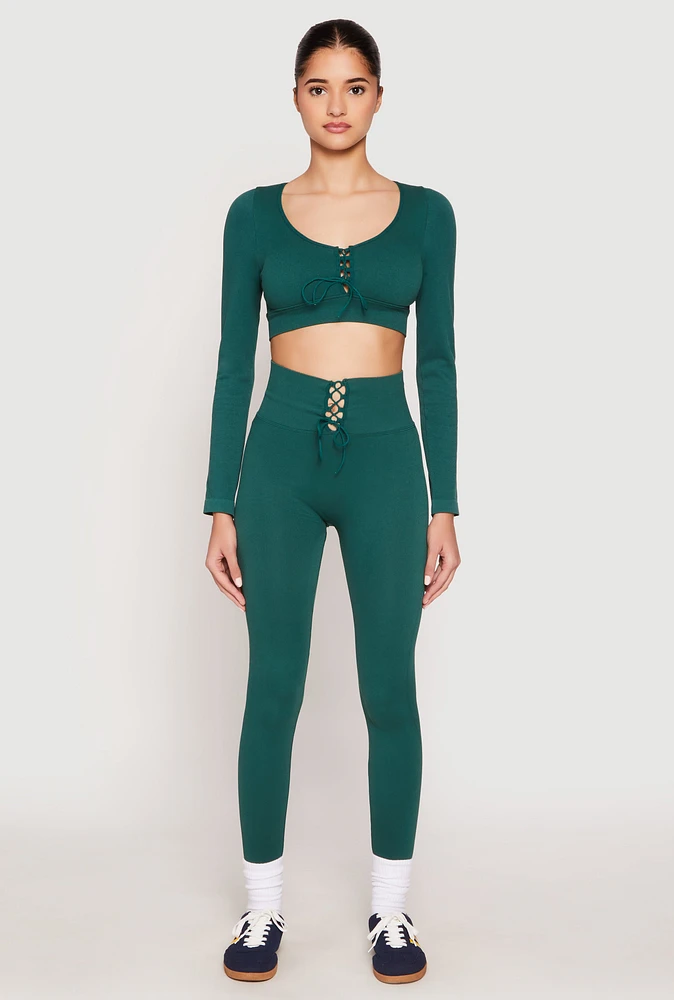 Womens Seamless Lace Up Leggings, Green, Size S-M