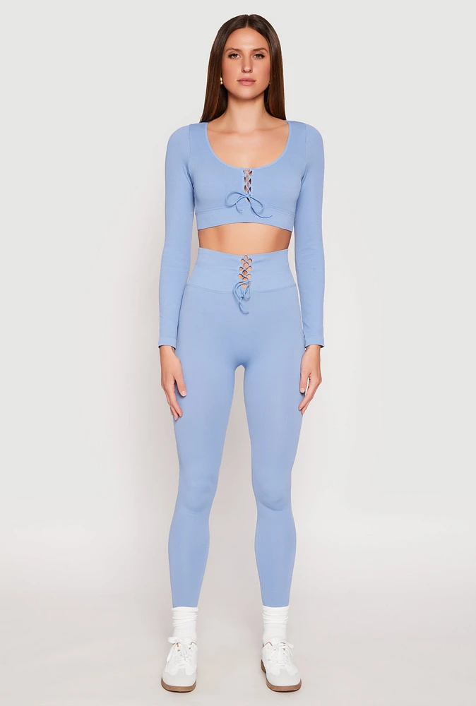 Womens Seamless Lace Up Leggings, Blue, Size S-M