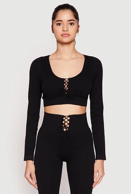 Womens Seamless Lace Up Long Sleeve Crop Top,
