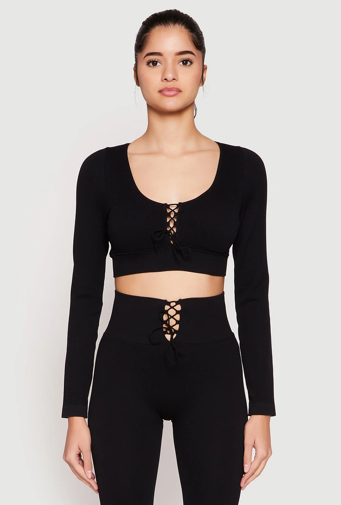 Womens Seamless Lace Up Long Sleeve Crop Top, Black, Size M-L