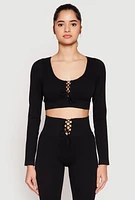 Womens Seamless Lace Up Long Sleeve Crop Top, Black, Size M-L