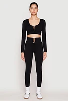Womens Seamless Lace Up Long Sleeve Crop Top, Black, Size M-L