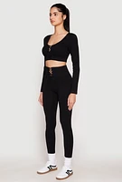 Womens Seamless Lace Up Long Sleeve Crop Top, Black, Size M-L