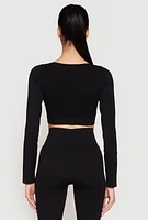 Womens Seamless Lace Up Long Sleeve Crop Top, Black, Size M-L