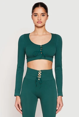 Womens Seamless Lace Up Long Sleeve Crop Top, Green, Size S-M