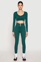 Womens Seamless Lace Up Long Sleeve Crop Top, Green, Size S-M