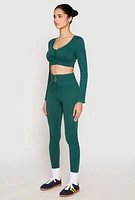 Womens Seamless Lace Up Long Sleeve Crop Top, Green, Size S-M