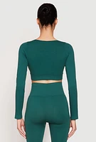 Womens Seamless Lace Up Long Sleeve Crop Top, Green, Size S-M