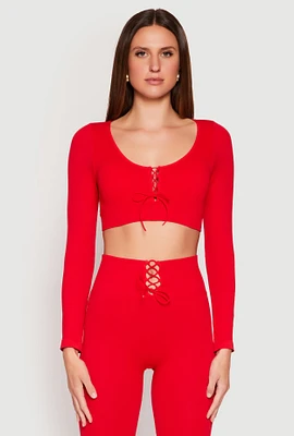 Womens Seamless Lace Up Long Sleeve Crop Top, Red, Size M-L