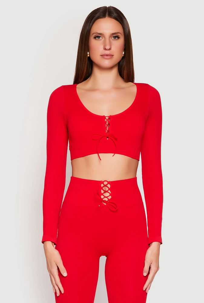 Womens Seamless Lace Up Long Sleeve Crop Top, Red, Size S-M