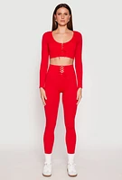 Womens Seamless Lace Up Long Sleeve Crop Top, Red, Size S-M