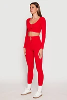 Womens Seamless Lace Up Long Sleeve Crop Top, Red, Size M-L