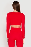 Womens Seamless Lace Up Long Sleeve Crop Top, Red, Size S-M
