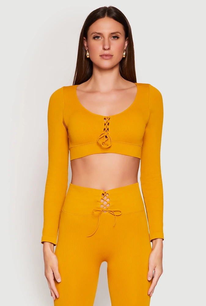 Womens Seamless Lace Up Long Sleeve Crop Top, Yellow, Size S-M
