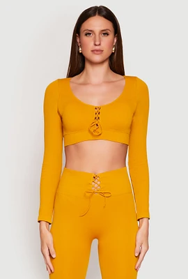 Womens Seamless Lace Up Long Sleeve Crop Top, Yellow, Size S-M