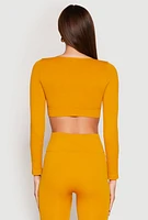 Womens Seamless Lace Up Long Sleeve Crop Top, Yellow, Size S-M