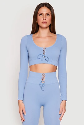 Womens Seamless Lace Up Long Sleeve Crop Top, Blue,