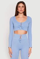 Womens Seamless Lace Up Long Sleeve Crop Top, Blue,