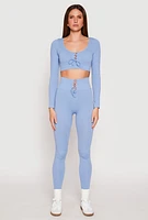 Womens Seamless Lace Up Long Sleeve Crop Top, Blue,