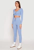 Womens Seamless Lace Up Long Sleeve Crop Top, Blue,