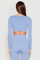 Womens Seamless Lace Up Long Sleeve Crop Top, Blue,