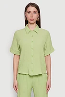 Womens Seersucker Striped Button Front Shirt with Classic Fit, Green, Size XL