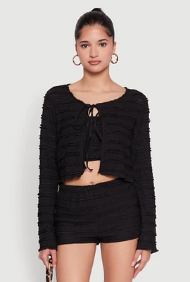 Womens Textured Knit Tie Front Cardigan with Tube Top, Black, Size XL