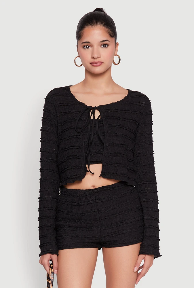 Womens Textured Knit Tie Front Cardigan with Tube Top,