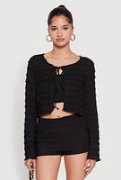 Womens Textured Knit Tie Front Cardigan with Tube Top,