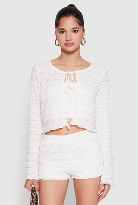 Womens Textured Knit Tie Front Cardigan with Tube Top, White, Size S