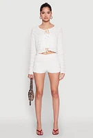 Womens Textured Knit Tie Front Cardigan with Tube Top, White, Size S