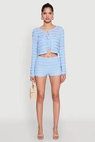 Womens Textured Knit High Waist Shorts, Blue,