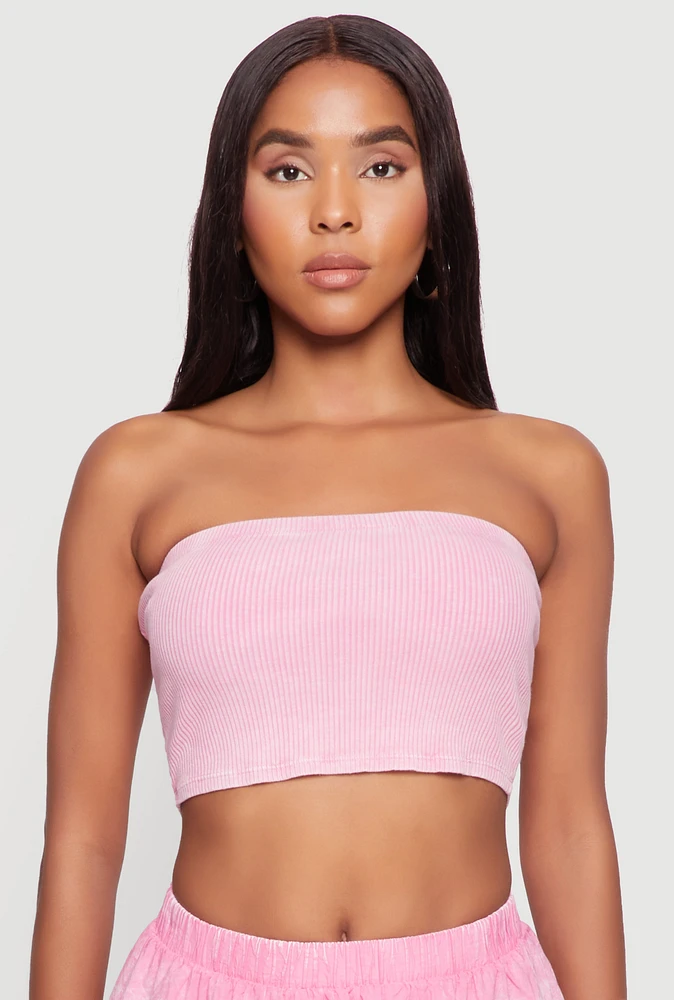 Womens Ribbed Knit Mineral Wash Cropped Tube Top, Pink, Size XL