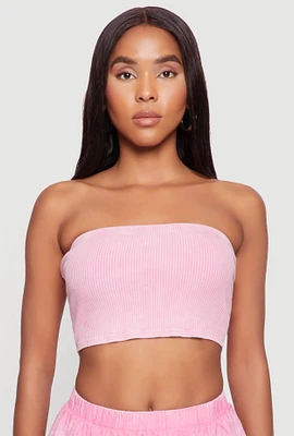 Womens Ribbed Knit Mineral Wash Cropped Tube Top, Pink, Size XL