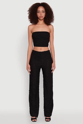Womens Mesh Lettuce Edge Ruffle Casual Straight Pants, Black,