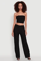 Womens Mesh Lettuce Edge Ruffle Casual Straight Pants, Black,