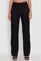 Womens Mesh Lettuce Edge Ruffle Casual Straight Pants, Black,