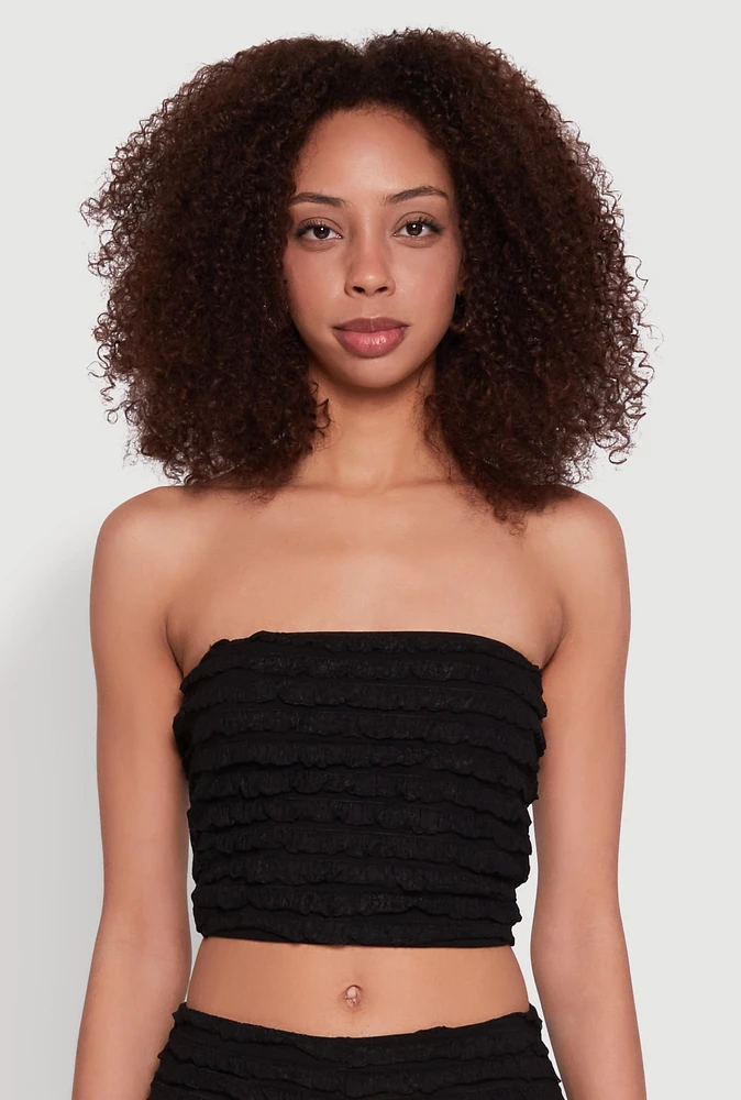 Womens Trendy Mesh Lettuce Edge Tube Top with Cropped Hem, Black, Size L