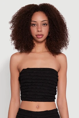 Womens Trendy Mesh Lettuce Edge Tube Top with Cropped Hem, Black, Size L