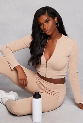 Womens Ribbed Knit Mock Neck Zip Front Crop Top, Beige, Size S-M