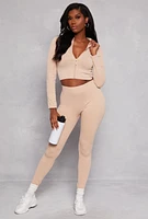 Womens Ribbed Knit Mock Neck Zip Front Crop Top, Beige, Size S-M