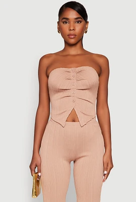Womens Ruched Textured Knit Tube Top, Beige,