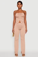 Womens Ruched Textured Knit Tube Top, Beige,