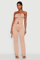 Womens Ruched Textured Knit Tube Top, Beige,