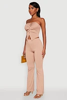 Womens Ruched Textured Knit Tube Top, Beige,