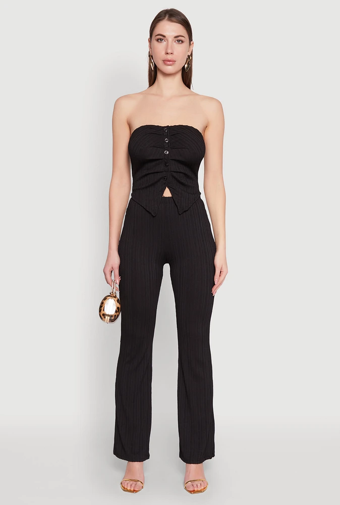 Womens High Waisted Flared Rib Knit Pants,