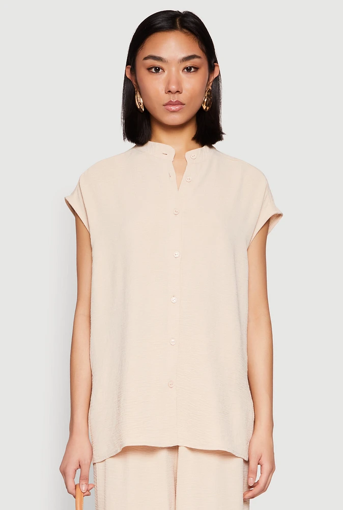 Womens Airy Mandarin Collar Shirt, L