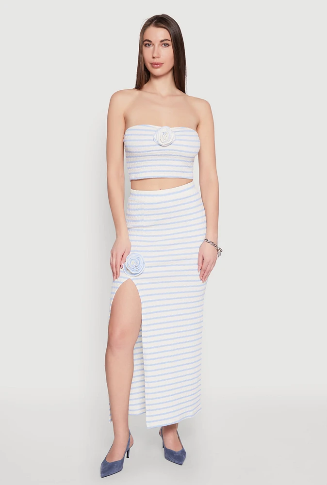 Womens Rosette Detail Striped Maxi Skirt, Blue,