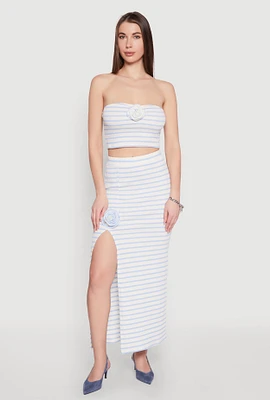 Womens Rosette Detail Striped Maxi Skirt, Blue,